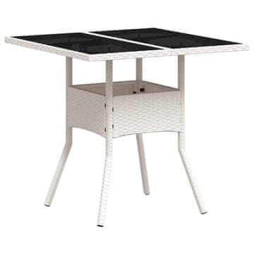 Vidaxl Vrtna miza s stekleno ploščo bela 80x80x75 cm poli ratan