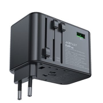 AceFast Univerzalni potovalni polnilnik GaN 2x USB-A 3x USB-C vtičnice UK EU USA AUS črn