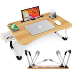 Severno Zložljiva mizica za prenosni računalnik v barvi lesa s prostorom za skodelico in predalom