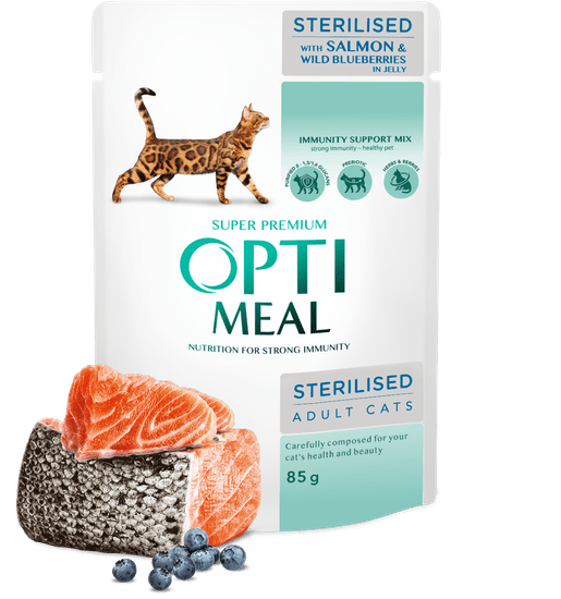 OptiMeal Sterilizirana mokra hrana za mačke - Losos in borovnice gal. 12x85g
