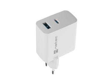 Natec Univerzalni polnilec USB RIBERA GaN 45W, 1X USB-A, 1X USB-C, bel