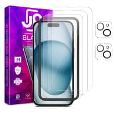 JP JP Mega Pack kaljena stekla, 3 stekla za telefon z aplikatorjem + 2 stekli na objektiv, iPhone 15 Plus