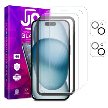 JP JP Mega Pack kaljena stekla, 3 stekla za telefon z aplikatorjem + 2 stekli na objektiv, iPhone 15 Plus