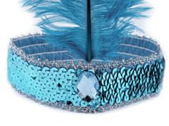 Karnevalski naglavni trak iz bleščic z retro perjem - cian modra