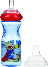Nuby Steklenička brez pretoka s silikonskim napajalnikom 300 ml, 9 m+, modra z rdečim pokrovčkom - superhero
