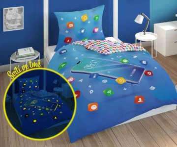 Detexpol Vključeno posteljno perilo Telefonsko modro svetleče Bombaž, 140/200, 70/80 cm