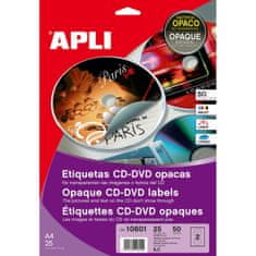NEW Nalepke za tiskalnik Apli 10601 Krožni CD/DVD Bela 25 Listi Ø 117 mm