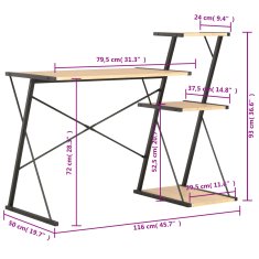 Vidaxl Pisalna miza s polico črna in barva hrasta 116x50x93 cm