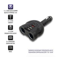 Qoltec avtomobilski polnilec qoltec 12-24 V | 52 W | 2,4 A | 2 x usb | usb qc 3.0 | usb type c pd | 2 x razdelilnik za vžigalnik cigaret