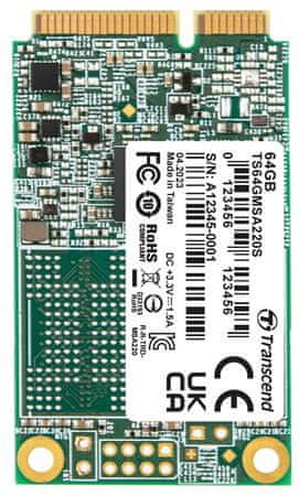 Transcend MSA220S 64 GB mSATA SSD, SATA III 6 Gb/s (3D TLC), 550 MB/s R, 350 MB/s W