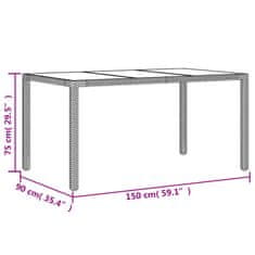 Vidaxl Vrtna miza s stekleno ploščo siva 150x90x75 cm poli ratan