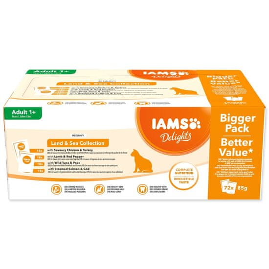 IAMS Delights Adult morski sadeži in meso s kopnega v omaki v večpaketnem pakiranju 6120g (72x85g)