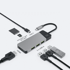 Green Cell USB-C adapter GREEN CELL HUB GC CONNECT 7W1, 3x USB 3.1, HDMI 4K, USB-C PD 85W, s podporo za MicroSD/SD in srebrna barva