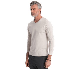 OMBRE Moška majica z dolgimi rokavi brez potiska in v-izrezom svetlo bež MDN125092 S