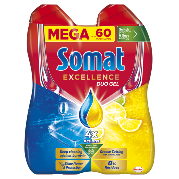 Somat Excellence Duo gel za pomivalni stroj, limona, 60 pranj