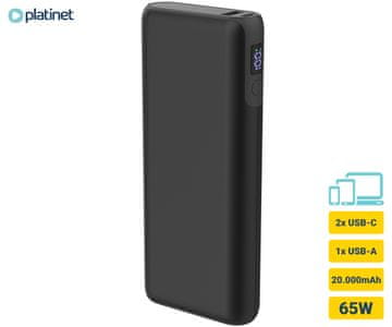 Platinet PMPB20DL202B powerbank, 65 W, 20000 mAh, QC 3.0, PD 3.0, USB-A, USB-C, zaslon, črn