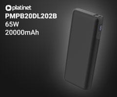 Platinet PMPB20DL202B powerbank, 65 W, 20000 mAh, QC 3.0, PD 3.0, USB-A, USB-C, zaslon, črn