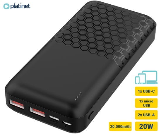 Platinet PMPB20OP18B powerbank, 20000 mAh, QC 3.0, PD 3.0, USB-A, USB-C, microUSB, črn