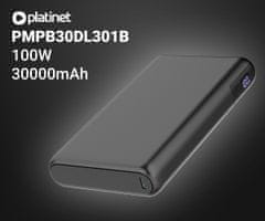 Platinet PMPB30DL301B powerbank, 100 W, 30000 mAh, QC 3.0, PD 3.0, USB-A, USB-C, zaslon, črn