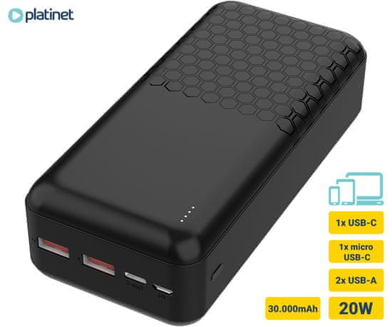 Platinet PMPB30OP19B powerbank, 30000 mAh, QC 3.0, PD 3.0, USB-A, USB-C, microUSB, črn