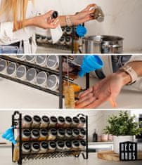 Deco Haus Stojalo za začimbe s 24 steklenimi kozarčki za začimbe – kovinsko črno stojalo z 48 nalepkami, krtačko, lijakom – postavite na pult ali obesite na steno - pokrovčki iz aluminija