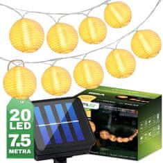 LUMILED Solarna vrtna svetilka LED svetlobna veriga 7,59 m GIRLANDA RISA z 20x LED okrasnimi lanternami 3000K Toplo bela