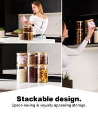 Deco Haus Komplet 6 steklenih kozarcev za večkratno uporabo z bambusovim pokrovom (3x 600ml, 3x 1000ml) – nepredušni kozarci za shranjevanje živil z označevalnimi nalepkami