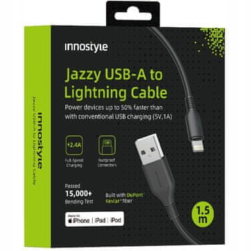 Innostyle INNOSTYLE JAZZY USB LIGHTNING MFI KABEL ZA HITRO POLNJENJE ZA IPHONE KEVLAR 2M ČRN