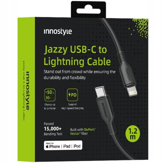 Innostyle INNOSTYLE JAZZY USB-C LIGHTNING MFI KABEL ZA HITRO POLNJENJE ZA IPHONE KEVLAR 1M ČRN