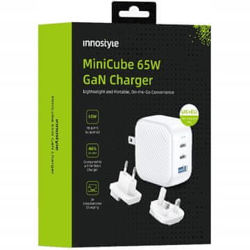 Innostyle INNOSTYLE MINI CUBE ZMOGLJIV HITRI POLNILEC GAN TRAVEL EU US UK AU 3X USB USB-C 65W BELA