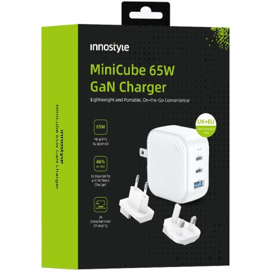 Innostyle INNOSTYLE MINI CUBE ZMOGLJIV HITRI POLNILEC GAN TRAVEL EU US UK AU 3X USB USB-C 65W BELA