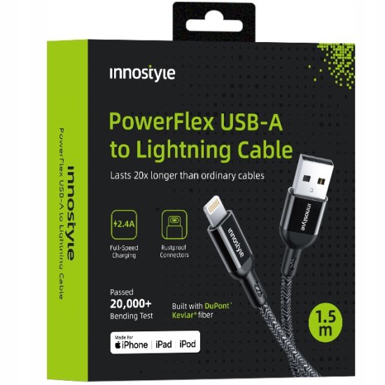Innostyle INNOSTYLE POWERFLEX USB LIGHTNING MFI KABEL ZA HITRO POLNJENJE ZA IPHONE KEVLAR 2M ČRN