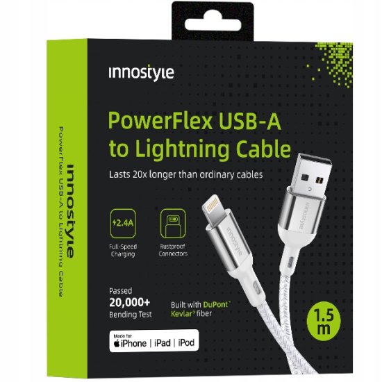 Innostyle INNOSTYLE POWERFLEX USB LIGHTNING MFI KABEL ZA HITRO POLNJENJE ZA IPHONE KEVLAR 2M SREBRN