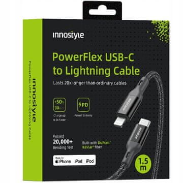 Innostyle INNOSTYLE POWERFLEX USB-C LIGHTNING MFI KABEL ZA HITRO POLNJENJE ZA IPHONE KEVLAR 2M ČRN