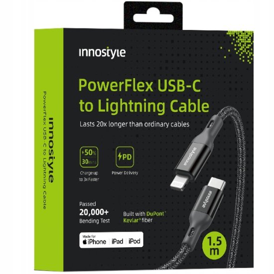 Innostyle INNOSTYLE POWERFLEX USB-C LIGHTNING MFI KABEL ZA HITRO POLNJENJE ZA IPHONE KEVLAR 2M ČRN