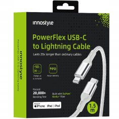 Innostyle INNOSTYLE POWERFLEX USB-C LIGHTNING MFI KABEL ZA HITRO POLNJENJE ZA IPHONE KEVLAR 2M SREBRN