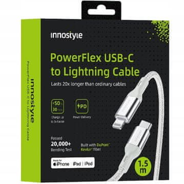 Innostyle INNOSTYLE POWERFLEX USB-C LIGHTNING MFI KABEL ZA HITRO POLNJENJE ZA IPHONE KEVLAR 2M SREBRN
