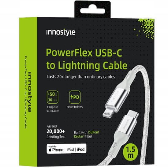 Innostyle INNOSTYLE POWERFLEX USB-C LIGHTNING MFI KABEL ZA HITRO POLNJENJE ZA IPHONE KEVLAR 2M SREBRN