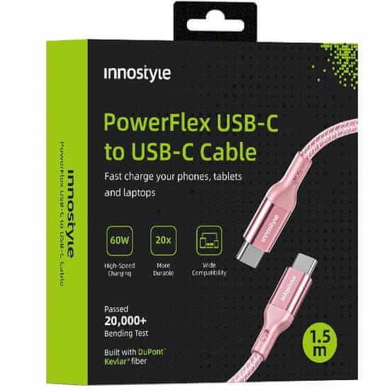 Innostyle INNOSTYLE POWERFLEX USB-C KABEL ZA HITRO POLNJENJE ZA IPHONE SAMSUNG 3A 60W KEVLAR 2M ROZA