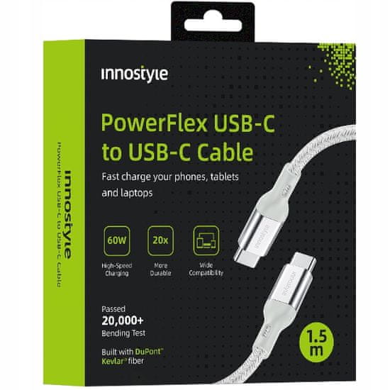 Innostyle INNOSTYLE POWERFLEX USB-C KABEL ZA HITRO POLNJENJE ZA IPHONE SAMSUNG 3A 60W KEVLAR 2M SREBRN