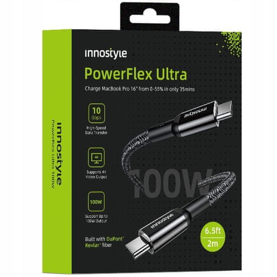 Innostyle Innostyle Powerflex Ultra Kabel Usb-C Hitro Polnjenje Thunderbolt 10Gbps 100W Kevlar 2M Črna