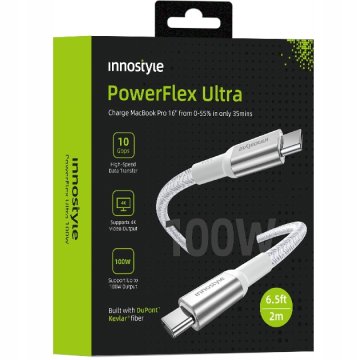 Innostyle INNOSTYLE POWERFLEX ULTRA KABEL USB-C HITRO POLNJENJE THUNDERBOLT 10GBPS 100W KEVLAR 2M SREBRN