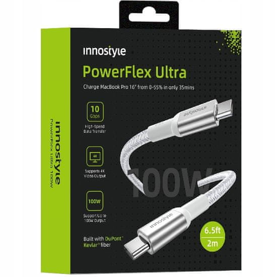 Innostyle INNOSTYLE POWERFLEX ULTRA KABEL USB-C HITRO POLNJENJE THUNDERBOLT 10GBPS 100W KEVLAR 2M SREBRN