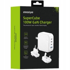 Innostyle INNOSTYLE SUPER CUBE MOČAN HITRI POLNILEC GAN TRAVEL EU US UK AU 4X USB USB-C 100W BELA