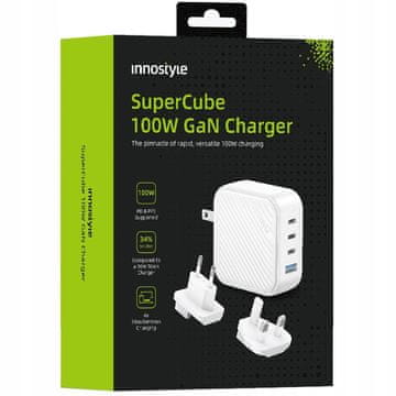 Innostyle INNOSTYLE SUPER CUBE MOČAN HITRI POLNILEC GAN TRAVEL EU US UK AU 4X USB USB-C 100W BELA