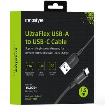 Innostyle INNOSTYLE ULTRAFLEX USB-C KABEL ZA HITRO POLNJENJE ZA IPHONE SAMSUNG QC 4.0 KEVLAR 2M ČRN
