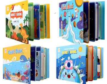 Meng Montessori Tiha knjiga - knjiga z nalepkami - Tiha knjiga - komplet 4 tihih knjig (dinozavri, potovanja, podvodni svet, vesolje)