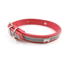 COBBYS PET Rdeči usnjeni ovratnik, okrašen z refleksnimi črtami in srebrnimi kostmi 40cm/16mm