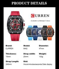 Curren CURREN 8442 Moški vodoodporni športni zapestni uri - vrhunski luksuzni blagovne znamke Chronograph Quartz ure za eleganco in učinkovitost, Relogio Masculino Red-black