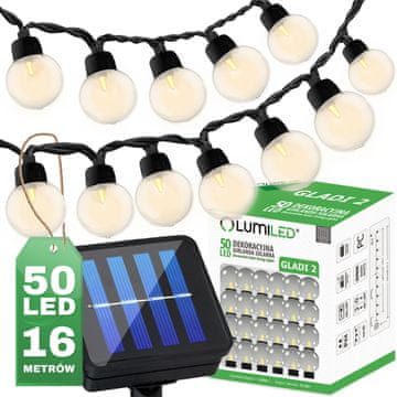 LUMILED Solarna vrtna svetilka LED svetlobna veriga 16,70m GIRLANDA GLADI 2 s 50x LED dekorativne kroglice 3000K Toplo bela